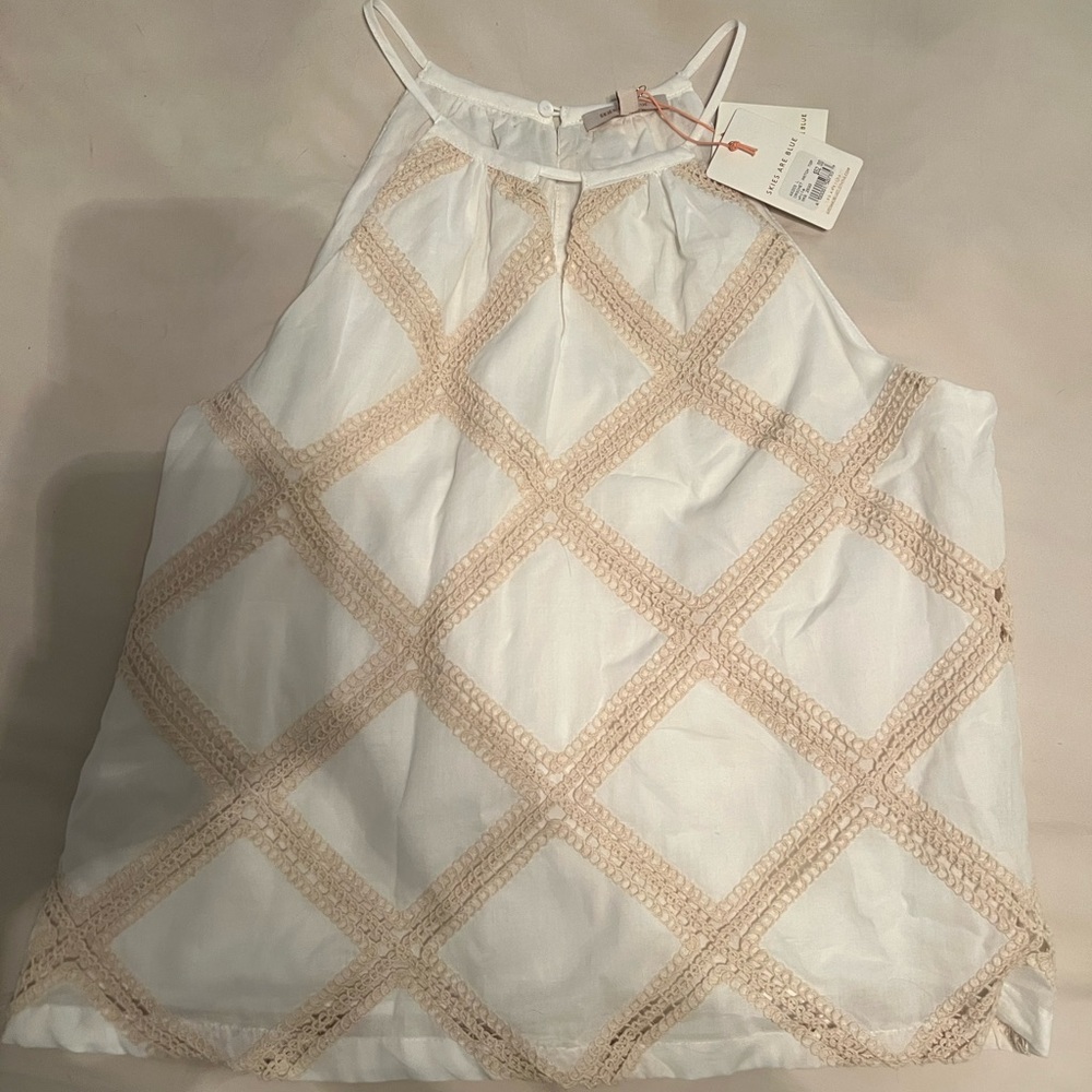 Skies Are Blue White Halter Top with Beige Crochet Trim